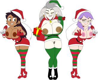 3girls alternate_breast_size amity_blight areolae big_breasts boots breasts breasts_bigger_than_head brown_eyes brown_hair choker christmas clothing dark-skinned_female dark_skin disney disney_channel earrings eda_clawthorne female female_only ferozyraptor gift gift_box gloves green_legwear green_thighhighs grey_hair hat huge_breasts large_areolae long_hair luz_noceda medium_hair multiple_females multiple_girls nipples pale-skinned_female pale_skin purple_hair pussy red_gloves santa_costume santa_hat simple_background skimpy smile striped_legwear striped_thighhighs the_owl_house thighhighs v white_background yellow_eyes