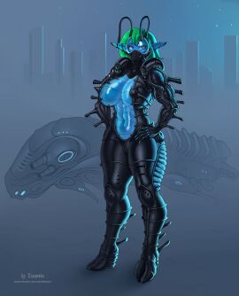 alien alien_girl alien_humanoid antennae_(anatomy) backlighting big_breasts black_clothing blue_body blue_eyes blue_skin breasts eleonore female full_body_suit glass green_hair latex_suit lost_media skin_tight_outfit solo solo_female solo_focus spikes suit visor_(eyewear) xianetta