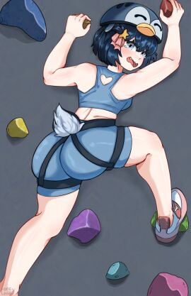 1girls ass bare_shoulders black_hair blue_eyes blue_hair blue_shirt blue_shorts blush breasts crop_top female hair_ornament holding lilnoot_(vtuber) looking_at_viewer midriff one.png open_mouth penguin_girl short_hair shorts simple_background sleeveless solo star_(symbol) tail tank_top virtual_youtuber