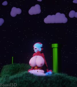 3d big_breasts breasts breasts_out breasts_out_of_clothes female fossil3d mario_(series) night night_sky nintendo open_clothes shy_gal sitting tagme