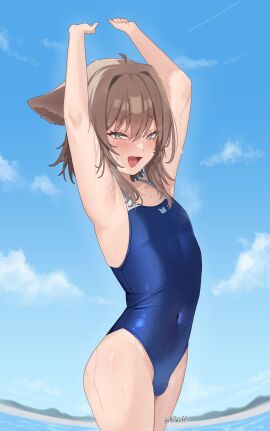 1boy animal_ears armpit_fetish armpits beach bedroom_eyes bulge cat_ears crossdressing cute_fang femboy looking_at_viewer male navel_visible_through_clothes ocean original_character otoko_no_ko outside rat_squeak showing_armpits small_bulge solo stretching sweat swimsuit trap wet