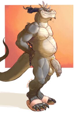 accessory anthro balls banana_da_boi claws closed_eyes cock_ring dragon eyewear finger_claws foreskin genitals glasses hi_res horn jewelry male male_anthro muscular muscular_anthro muscular_male mythological_creature mythological_scalie mythology penis penis_accessory penis_jewelry scalie scar simple_background solo standing tail toe_claws uncircumcised