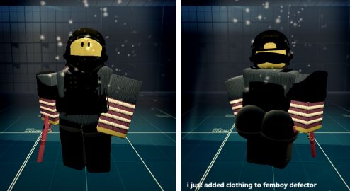 1boy 3d ass ass_focus boy clothed defector_(dummies_vs_noobs) dummies_vs_noobs femboy femboy_focus femboy_only femboysub girly gun latex_leggings latex_legwear male male_only noob_(roblox) roblox roblox_game roblox_studio robloxian sweater thighs vest