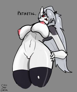 absurd_res anthro big_breasts black_clothing black_legwear black_thigh_highs breasts canid canid_demon canine clothing demon female fur genitals grey_body grey_fur grey_hair hair hellhound helluva_boss hi_res huge_breasts legwear long_hair looking_at_viewer looking_down looking_down_at_viewer loona_(helluva_boss) mammal multicolored_body multicolored_fur mythological_canine mythological_creature mythology nipples nude pink_nipples pussy red_sclera shaded smug solo spesssmutcentral thigh_highs two-tone_body two-tone_fur white_body white_eyes white_fur