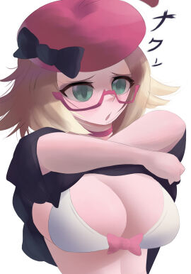 1girls bianca_(pokemon) black_bow black_shirt blonde_hair blush bow bow_bra bra breasts choker cleavage clothes clothes_lift eyewear female glasses headwear large_breasts naxless nintendo pink_headwear pokemon pokemon_bw pokemon_masters pokemon_masters_ex simple_background solo solo_female solo_focus translation_request white_background white_bra