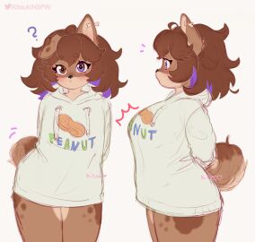 animal_ears animal_humanoid animal_tail anthro anthro_only brown_body brown_fur brown_hair canid canine canine_humanoid curious domestic_dog female female_focus female_only furry_female heterochromia hoodie innocent innocent_expression light_blush oc original_character pantsless peanut_(strawbee_fox) strawbee_fox white_clothing white_topwear