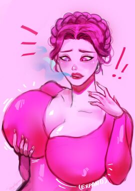adventure_time big_breasts bimbo bimbofication body_control body_invasion breast_expansion breast_growth breast_growth_(enlargement) breasts breasts_bigger_than_head cartoon_network clothing confused confusion corruption curvaceous curvy curvy_female drawing expansion female gillycious growth hand_on_breast huge_breasts illustration lips milf nipple_bulge nipples nipples_visible_through_clothing open_mouth pink_hair pink_skin possessed possession princess_bubblegum resisting shiny_skin spirit teeth thick_lips transformation voluptuous voluptuous_female