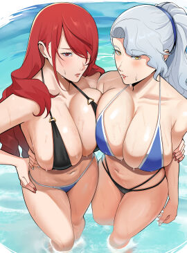 2girls after_kiss asymmetrical_docking beach big_breasts bikini bikini_bottom bikini_top blue_hairband breasts breasts_pressed_together commission commissioner_upload dnumde embarrassed female female_only hairband hand_on_hip huge_breasts kissing large_breasts light-skinned_female light_skin lipstick long-haired_female long_hair looking_at_viewer margaret_(persona) megami_tensei mitsuru_kirijo multiple_females multiple_girls outdoors persona persona_3 persona_4 red_eyes red_hair saliva saliva_string saliva_trail silver_hair smiling_at_viewer swimsuit wet wet_body yellow_eyes yuri