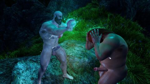 3d adult animation bald bara fat_male game gay god_of_war hunk kratos medieval muscular penis skyrim tagme tattoo video yaoi