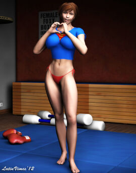 athletic athletic_female barefoot blue_eyes blue_top boxing_gloves breasts brown_hair carrie_(latinvimes) feet female female_focus female_only gym heart_gesture large_breasts latinvimes_(artist) long_legs muscles muscular muscular_female nerd nerdy_female open_mouth red_panties short_hair smile superman_logo superman_logo_top tanktop toes wrestler