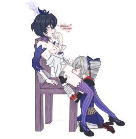 2girls blue_dress blue_eyes blue_hair blue_sleeves blush bottomless bottomless_female breasts breasts_out bronya_zaychik bronya_zaychik_(valkyrie_chariot) chair closed_eyes clothed clothed_female cunnilingus dialogue drill_hair english_text eyebrows_visible_through_hair female gloves grey_hair hair_ornament hair_ribbon hand_on_hip heart heeled_shoes hickey hickey_marks holding_hips holding_waist honkai_impact_3rd jamjamxx kneeling kneeling_oral_position looking_at_another multiple_females multiple_girls no_panties open_mouth oral oral_sex partially_clothed purple_thighhighs seele_vollerei seele_vollerei_(swallowtail_phantasm) shoes short_hair simple_background sitting sitting_on_chair skirt sleeves small_breasts sweat thighhighs white_background wooden_chair yuri