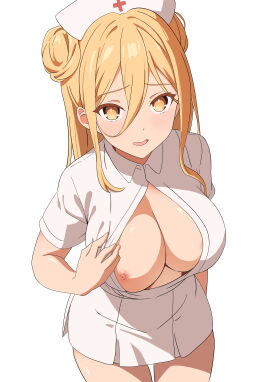2d 2d_(artwork) big_breasts blonde_hair breasts cleavage date_a_live female female_only hoshimiya_mukuro light-skinned_female light_skin long_hair looking_at_viewer nipple_slip nurse nurse_uniform open_shirt solo solo_female thighs yellow_eyes