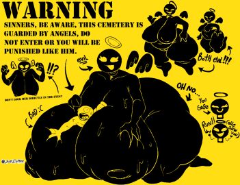 !!? 1boy 2024 2d 2d_(artwork) 4girls angel angel_girl angel_wings artist_signature ass bbw big_ass black_body breasts christianity chubby chubby_female cross_necklace cumlord cumlord_(artist) curvaceous curvy curvy_figure english_text female female_focus floating gigantic_ass gigantic_breasts gigantic_thighs halo huge_ass huge_breasts huge_thighs just_coffee large_ass large_breasts male monster_girl multiple_females multiple_girls original original_character person_symbol pictogram public_domain religion scared scared_expression small_wings sweat sweatdrop sweating symbol_person text thick_thighs voluptuous warning warning_sign warning_sign_person wide_hips wings yellow_background