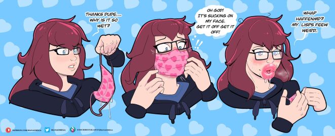 big_lips bimbo_lips blue_eyes drool drooling english_text facemask female female_only glasses huge_lips lip_expansion manaomega mask text thick_lips transformation transformation_sequence