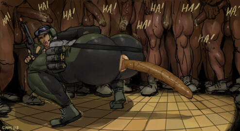 big_lips bubble_butt dark-skinned_male ela_(rainbow_six) exposed_anus female ganto18 huge_ass huge_lips humiliation latex male penis rainbow_six_siege scat shitting smegma surrounded_by_penises