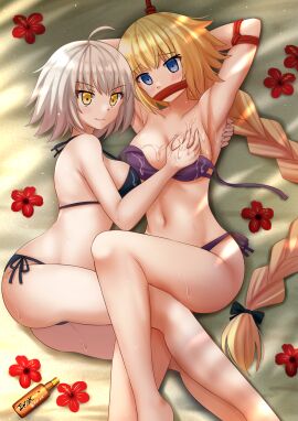 2girls armpits arms_behind_head arms_up bdsm beach bikini blonde_hair blue_eyes blush bondage bound bound_arms braid braided_ponytail breasts crying crying_with_eyes_open fate/grand_order fate_(series) female female_only femdom flowers gag gagged grabbing grabbing_another's_breast highres improvised_gag jeanne_alter jeanne_d'arc jeanne_d'arc_(alter)_(fate) jeanne_d'arc_(fate) kazenokaze large_breasts long_hair long_ponytail lotion lying lying_on_side multiple_females multiple_girls navel outdoors ponytail sand short_hair smile sunscreen tears untied_bikini white_hair yellow_eyes yuri