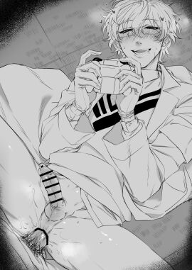 2boys anal balls bar_censor blush censored coat collared_shirt controller gagake_v game_controller gay gay_male glasses gloves greyscale heart highres holding holding_controller holding_game_controller leos_vincent leos_vincent_(1st_costume) lying male male_focus male_pubic_hair monochrome multiple_boys multiple_males nijisanji on_back open_clothes open_coat penis protected_link pubic_hair saliva shirt short_hair smile sweat sweater_vest teeth testicles virtual_youtuber yaoi