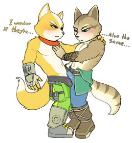 anthro blush dinosaur_planet fox fox_mccloud frottage furry furry_only gay hand_on_chest hand_on_shoulder humanoid_penis male male/male male_only nintendo partially_clothed penis rareware rolz sabre_(dinosaur_planet) star_fox tail wolf