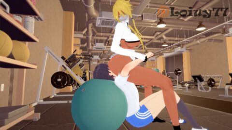 1boy 1girls anime anime_girl ass ass_on_face ass_sniff ass_sniffing big_ass big_breasts bleach blonde_female blonde_hair breasts dark-skinned_female dark_skin duo exercise_ball facesit facesitting female femdom gym koikatsu light-skinned_male loiuy77 male smothering smothering_ass tia_harribel tier_harribel