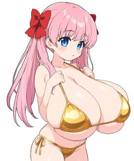 1girls bangs bare_shoulders big_breasts bikini blue_eyes blush breasts cleavage clothing collarbone eyebrows_visible_through_hair eyelashes female female_focus female_only gigantic_breasts gold_bikini hair_ribbon haramura_nodoka highres hips huge_breasts human large_breasts long_hair looking_at_viewer micro_bikini parted_lips pink_hair pinup revealing_clothes saki shiny_skin shirogane_hakuba shortstack side-tie_bikini sideboob simple_background skimpy skindentation solo solo_female swimsuit thighs tied_hair top_heavy twintails underboob voluptuous white_background