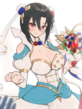 1other absurdres alear_(fire_emblem) alternate_costume ambiguous_gender black_hair blue_dress bouquet breasts bridal_veil bride cleavage clothing_cutout dress female female_focus fire_emblem fire_emblem_engage fire_emblem_heroes gloves gonzarez hair_between_eyes hair_ornament highres jewelry long_sleeves nel_(fire_emblem) nintendo official_alternate_costume red_eyes shoulder_cutout solo_focus strapless strapless_dress two-tone_dress veil wedding_dress white_dress