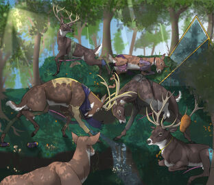 after_transformation animal_genitalia animal_penis antlers balls brown_body brown_fur cervine_genitalia cervine_penis clothing collar day deer discarded_clothing ear_piercing erection eyebrow_piercing facial_piercing female feral fight forest fur genitals group hat headbutt headgear headwear hi_res horn iplank jewelry light lying male mammal necklace new_world_deer nose_piercing nude on_front on_side outside penis piercing plant post-transformation sheath sunlight tan_antlers teats torn_clothing transformation tree udders white-tailed_deer white_body white_fur