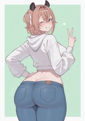 1girls alternate_costume animal_ears ass ass_cleavage ass_focus back back_view bare_hips big_ass big_butt blue_pants blush blush_lines border breasts brown_hair butt_crack commentary cowboy_shot crossed_bangs curvaceous_figure curvy curvy_female curvy_figure denim english_commentary female female_focus female_only from_behind green_background green_eyes grin hair_between_eyes hair_intakes hair_ribbon hand_on_hip hand_on_own_hip hand_up hi_res high_resolution highres hood hood_down hoodie huge_ass indie_virtual_youtuber jacket jeans large_ass large_breasts light-skinned_female light_blush light_skin long_sleeves looking_at_viewer looking_back median_furrow medium_hair midriff nimi_nightmare one_eye_closed one_side_up original pants peace_sign pov_eye_contact rear_view ribbon sideways_glance simple_background small_clothes smile smiles smiling smiling_at_viewer solo solo_female solo_focus star_(symbol) tagme tapir_ears tapir_girl teeth terenazal thick_thighs thighs tight_clothes tight_clothing tight_fit tight_jeans tight_pants turning_head v v_sign viewed_from_behind virtual_youtuber voluptuous voluptuous_female vtuber white_border white_hoodie white_ribbon wink winking winking_at_viewer