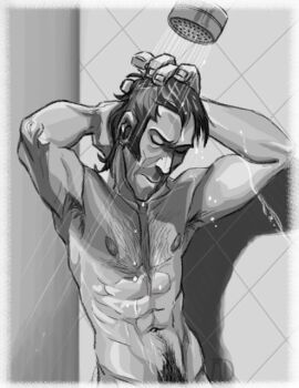 1boy bathing body_hair greyscale happy_trail male male_focus male_only monochrome no_visible_genitalia pinup protowilson pubic_hair showering sniper_(team_fortress_2) solo solo_male team_fortress_2 toned toned_male treasure_trail water_drop