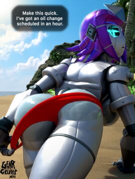3d ass backboob beach big_ass big_breasts bikini bikini_bottom blender blender_cycles blue_eyes breasts dialogue female fembot geargrinder44 hips holographic_eyes humanoid looking_at_viewer looking_back metallic_body pulling_clothing pulling_pants_down purple_hair robot robot_girl robotic sand shiny shiny_ass shiny_butt shiny_skin speaking_to_viewer thighs victoria_(geargrinder44)