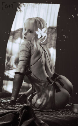 1girls 2025 3d alternate_version_available ass ass_out back bandage bandaged_arm bandaged_thigh bandages black_and_white brown_eyes detailed_background elbow_gloves eyeliner female female_only filtered flower flower_in_hair gloves image_set indoors kaine_(nier) legs_together lingerie lingerie_only lipstick long_hair looking_at_viewer looking_back looking_back_at_viewer nier nier_(series) nightgown nightie rear_view ribbon sheer_lingerie sitting sitting_on_ground sixplusone soles solo tent tent_interior tied_hair