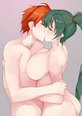 1boy 1girls absurd_res absurdres ass big_ass big_breasts breasts closed_eyes couple couple_(romantic) daikikin earrings edit eliwood_(fire_emblem) female fire_emblem fire_emblem:_the_blazing_blade green_eyes green_hair highres kissing lyn_(fire_emblem) lyndis_(fire_emblem) male male_focus nude nude_female nude_male ponytail red_hair simple_background