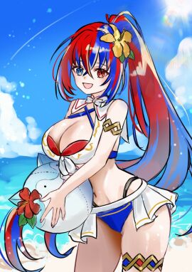 1girls alear_(female)_(seaside_dragon)_(fire_emblem) alear_(fire_emblem) alear_(fire_emblem)_(female) alternate_costume alternate_hairstyle beach bikini blue_bikini blue_eyes blue_hair blue_sky blue_swimsuit bow bowtie breasts cleavage cloud criss-cross_halter crossed_bangs female female_only fire_emblem fire_emblem_engage fire_emblem_heroes flower gold_armlet gold_thighlet hair_between_eyes hair_flower hair_ornament halterneck heterochromia high_ponytail highres ikurumidwd large_breasts long_hair multicolored_bikini multicolored_clothes multicolored_hair multicolored_swimsuit nintendo ocean official_alternate_costume official_alternate_hairstyle ponytail red_bikini red_eyes red_flower red_hair red_swimsuit revealing_clothes sky sommie_(fire_emblem) split-color_hair swimsuit two-tone_hair very_long_hair white_bikini white_bow white_bowtie white_swimsuit yellow_flower