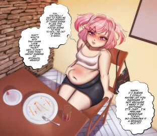 1girls bbw chubby chubby_female dialogue doki_doki_literature_club english_text female female_only natsuki_(doki_doki_literature_club) overweight overweight_female sauteedloin stuffed_belly stuffing text weight_gain