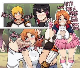 1girls 2boys blowjob bruntgonewrong english_text fellatio female jaune_arc lie_ren male mmf_threesome multiple_boys multiple_males nora_valkyrie paizuri penis rwby text threesome