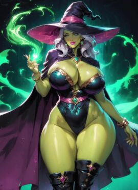 10_seconds ai_animation ai_generated ai_video aura belt blue_eyes bouncing_breasts cape cleavage curvaceous dark_background glistening_body glowing gold_bracelets gold_earrings green-skinned_female green_skin high_quality leotard magic mature_female moonchild41 no_sound original_character pink_lipstick salena silver_hair smirking_at_viewer swaying_hips tagme thigh_high_boots video voluptuous_female walking_towards_viewer witch witch_hat yellow_sclera