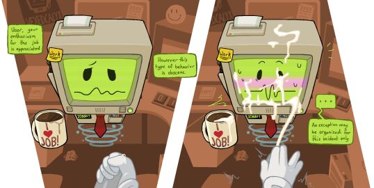 animate_inanimate beverage blush bodily_fluids clothed clothing coffee coffee_cup coffee_mug computer computer_monitor container cum cum_on_face cum_on_screen cumshot cup dialogue digital_media_(artwork) ejaculation electronics ellipsis english_text erection first_person_view floating_head_creature flustered for_a_head furniture gay genital_fluids genitals hi_res holding_object job_simulator jobbot looking_at_viewer machine male male/male necktie not_furry object_head office penis robot screen screen_face screen_head solo speech_bubble text topwear vexedcalyx waddling_head