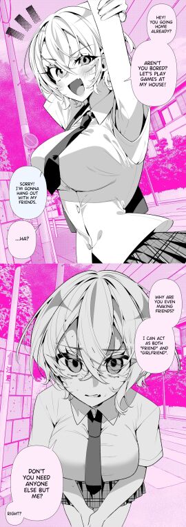 1girls a_boyish_girlfriend_in_high_humidity armpit_crease armpits arms_up big_breasts blush breasts clothed dialogue empty_eyes english_text fangs female female_focus female_yandere jealous jealous_female jealousy large_breasts manga open_mouth original original_character ouchi_kaeru pink_background possessive possessive_female school_uniform schoolgirl schoolgirl_uniform short_hair skirt solo solo_focus sweat tie tomboy translated yandere