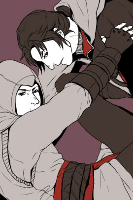 altair_ibn_la-ahad assassin's_creed assassin's_creed_(series) assassin's_creed_ii bent_knees compromising_position ezio_auditore_da_firenze looking_at_viewer male male_only source_request tight_space yaoi