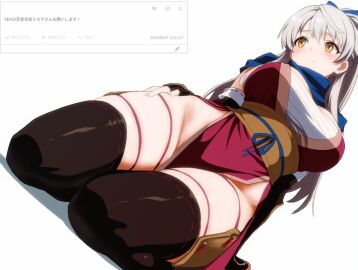 ahonoko arm_guards breasts chest_sarashi detached_sleeves female fire_emblem fire_emblem:_radiant_dawn fire_emblem_heroes from_below frown grey_hair hair_ribbon high_ponytail japanese_clothes kneeling large_breasts long_hair micaiah_(fire_emblem) micaiah_(ninja)_(fire_emblem) ninja nintendo official_alternate_costume official_alternate_hairstyle pelvic_curtain ponytail ribbon sarashi scarf simple_background skindentation solo thick_thighs thighhighs thighs white_background wide_hips yellow_eyes