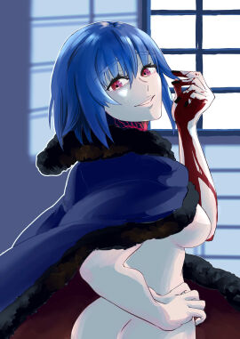 1girls ass asscheeks bangs barefoot black_cape black_nails blue_hair breasts cape cape_only ciel_(tsukihime) closed_mouth covering covering_breasts dark_persona evil evil_grin evil_smile eyebrows_visible_through_hair female female_only fingernails front_view full_body fur-trimmed_cape fur_trim glowing gluteal_fold gusoku9209 hand_on_breast highres looking_at_viewer male male_in_female_body medium_breasts medium_hair michael_roa_valdamjong nail_polish naked naked_cape navel nipples nude nude_cape painted_nails patterned patterned_clothing possessed possession red_cape red_eyes roa-ciel shadow sidelocks simple_background smile smiling smirk smirking solo standing stomach thigh_gap tsukihime tsukihime_(remake) type-moon vampire vampire_girl