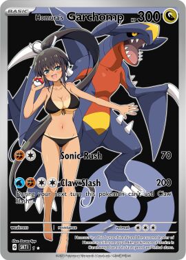 bikini black_bikini brown_hair crossover garchomp hair_ribbon homura_(senran_kagura) lv99slime pokeball pokemon pokemon_card senran_kagura