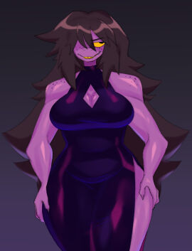2025 anthro big_breasts breasts clothing deltarune dress female freckled_breasts freckled_face freckled_shoulders freckles hair hair_over_eye hi_res muscular muscular_anthro muscular_female newsigridzboonx non-mammal_breasts reptile scalie sharp_teeth solo susie_(deltarune) teeth thick_thighs tight_clothing twitter_link undertale_(series) wide_hips