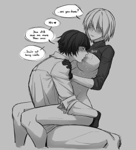 1girls 2d after_sex big_breasts bite_mark breasts dante_(devil_may_cry) devil_may_cry devil_may_cry_(series) dialogue english_text female lady_(devil_may_cry) male pichuuuchan rule_63 sitting_on_lap speech_bubble sucking_nipples text