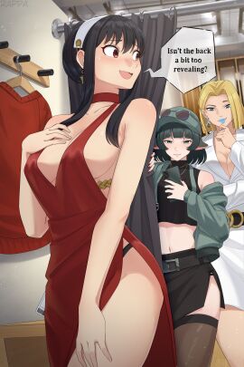3girls absurdres animal_ears artist_request baseball_cap black_hair black_panties black_skirt black_thighhighs blonde_female blonde_hair blue_eyes blue_lips blue_lipstick bob_cut breasts changing_room closed_mouth closed_mouth_smile clothes_hanger commentary crop_top crossover dress earrings eastern_and_western_character emma_frost english_commentary english_text evening_gown eyelashes eyewear_on_head female green_eyes hair_behind_ear hat highres holding holding_phone indoors jane_doe_(zenless_zone_zero) jewelry large_breasts light-skinned_female light_skin lipstick long_hair makeup marvel marvel_comics medium_hair midriff mouse_ears mouse_girl multiple_females multiple_girls navel open_mouth panties phone rappa_(sirrappa) red_dress red_eyes red_sweater short_dress short_hair sideboob skirt smile smiling speech_bubble spy_x_family sunglasses sweater thighhighs underwear unworn_sweater white_dress x-men yor_briar yor_forger zenless_zone_zero