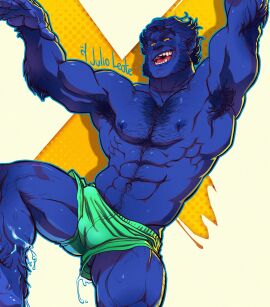 1boy bara beast_(x-men) blue_body blue_fur blue_hair blue_skin body_hair bulge clothing flaccid gay gay_male hairy hairy_male hank_mccoy julio_leote male male_focus male_nipples male_only marvel marvel_comics muscular muscular_male nipples penis penis_outline solo solo_male teeth teeth_visible tusks x-men yaoi