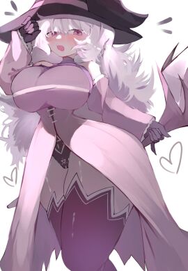 1girls breasts clothing commission female hat heart hoshoidk huge_breasts mage maiara_(pigmasteroink) pigmasteroink pink_eyes staff thick_thighs thighhighs voluptuous white_background white_hair witch_hat