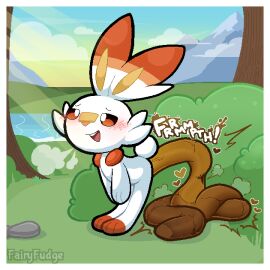 1:1 ambiguous_gender anthro ass bandage bandage_on_face bandage_on_nose bent_over biped blush blush_lines border breath cloud cotton_tail cross-eyed digital_media_(artwork) emanata excessive_feces fairyfudge fart feces feces_pile fur generation_8_pokemon hands_together heart_symbol hi_res hyper hyper_feces hyper_scat light light_beam looking_pleasured mountain nintendo open_mouth open_smile outside plant pokemon pokemon_(species) poop pooping pooping_on_floor pooping_on_grass river rock scat scatplay scorbunny shrub signature smile solo sound_effects standing sunbeam sunlight tree vowelless vowelless_sound_effect white_body white_border white_fur