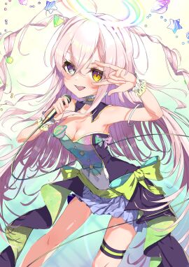 blush breasts d4dj dyna_(artist) female halo heterochromia ichihoshi_lumina long_hair microphone robot_girl small_breasts