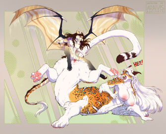 alternate_species angry anthro araivis-edelveys bakara balls bat_wings breasts brown_hair cat_taur dialogue domestic_cat duo dver_(zapilidver) english_text fangs felid felid_taur feline feline_taur felis female fur genitals hair hi_res horn knot knotting male male/female mammal mammal_taur markings membrane_(anatomy) membranous_wings pawpads penetration penile penile_penetration penis penis_in_pussy pink_pawpads prehistoric_species purple_eyes pussy saber-toothed_tiger smilodon spots spotted_body spotted_fur spread_legs spread_wings spreading tail tail_tuft taur teeth text tuft vaginal_penetration white_hair wings