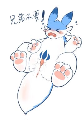 2024 animal_genitalia anthro blue_body blue_fur blue_markings blush bodily_fluids cheek_tuft chillet chinese_text closed_eyes colored crotch_tuft digital_media_(artwork) dipstick_ears ear_markings exclamation_point facial_tuft featureless_crotch feral flustered fur genital_slit genitals guankong half-erect heart_in_mouth hi_res lying male mammal markings multicolored_body multicolored_ears multicolored_fur mustelid on_back open_mouth pal_(species) palworld pawpads paws penis pink_penis pocketpair simple_background slightly_chubby solo sweat tail text tongue tuft two-tone_body two-tone_fur white_body white_fur